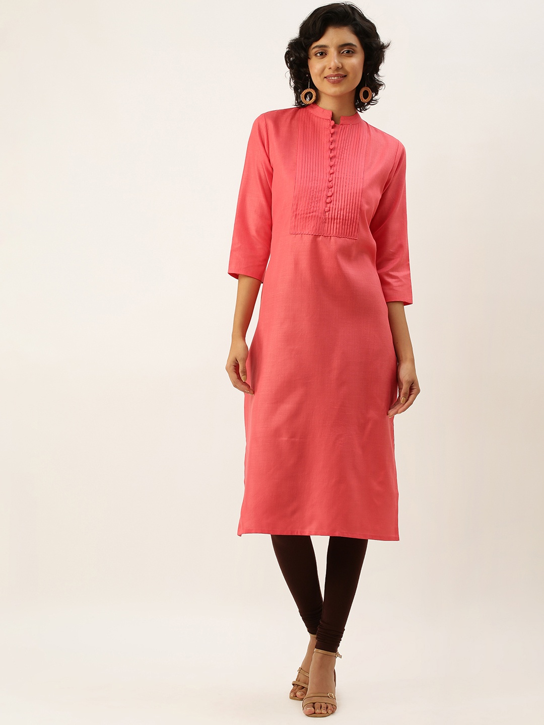 

ZOLA Women Yoke Design Pleated Mandarin Collar Pure Cotton Kurta, Pink