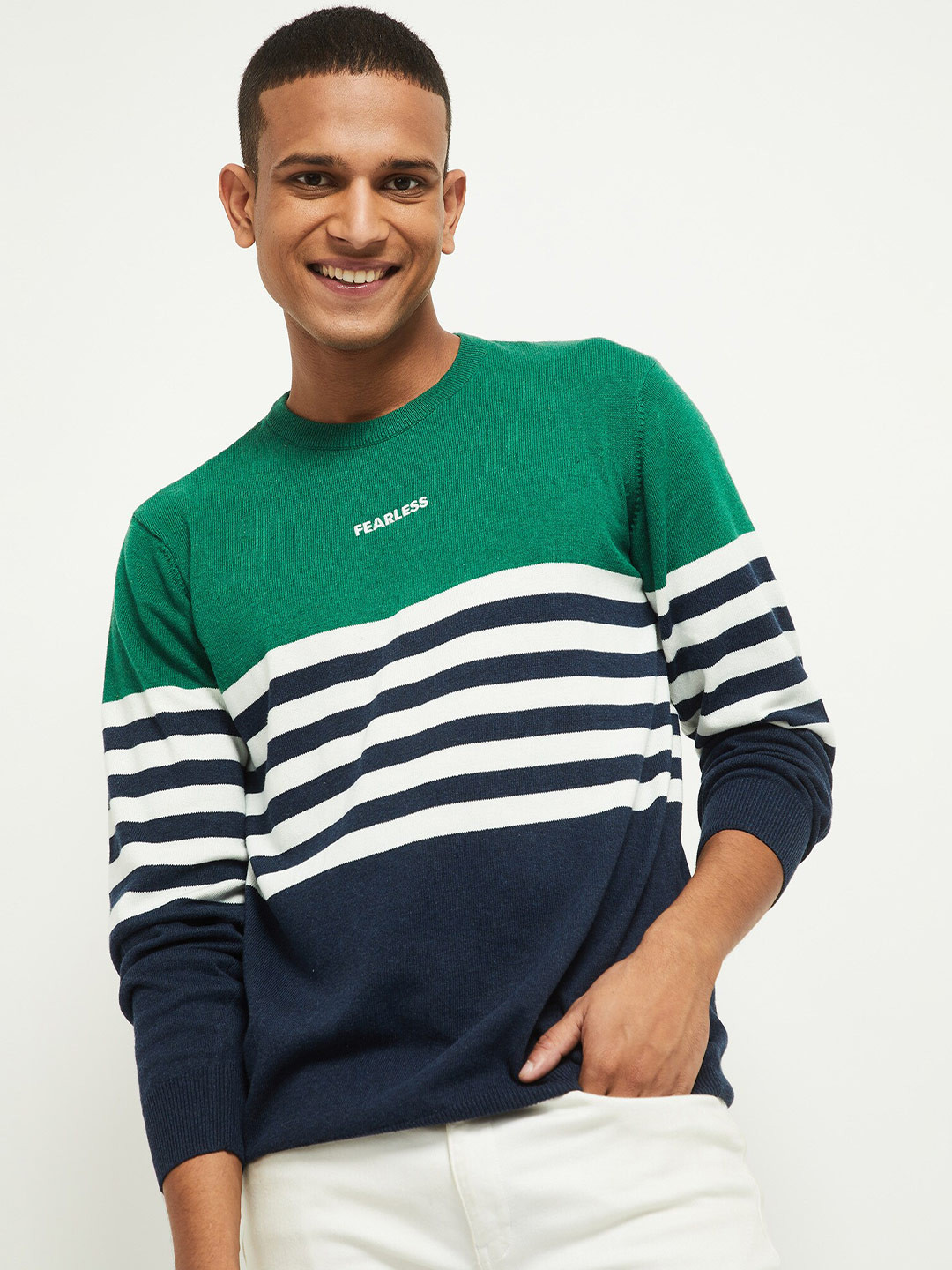 

max Men Green & White Striped Pullover Sweater