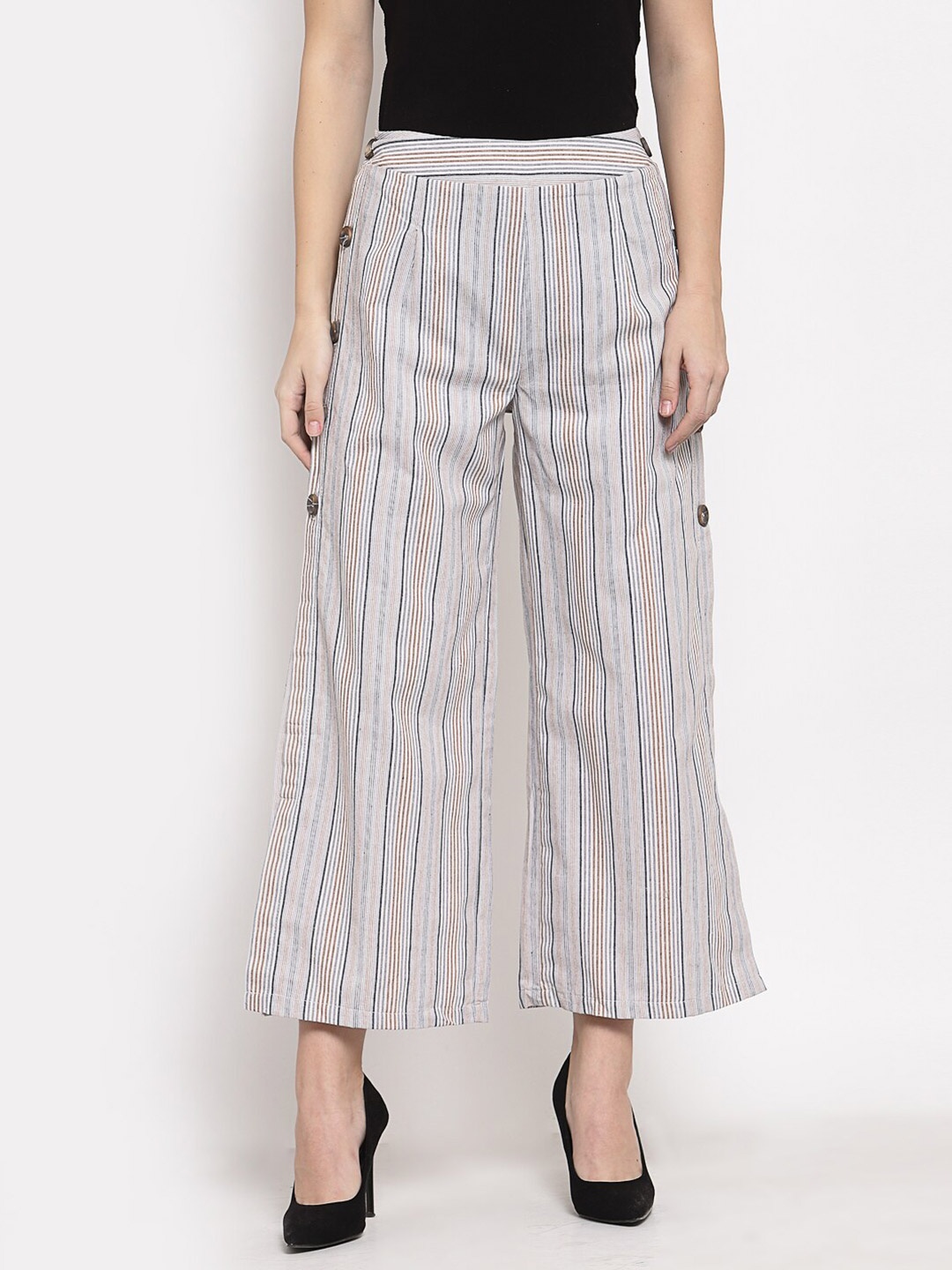 

Mafadeny Women Grey & Black Striped Flared Knitted Palazzos