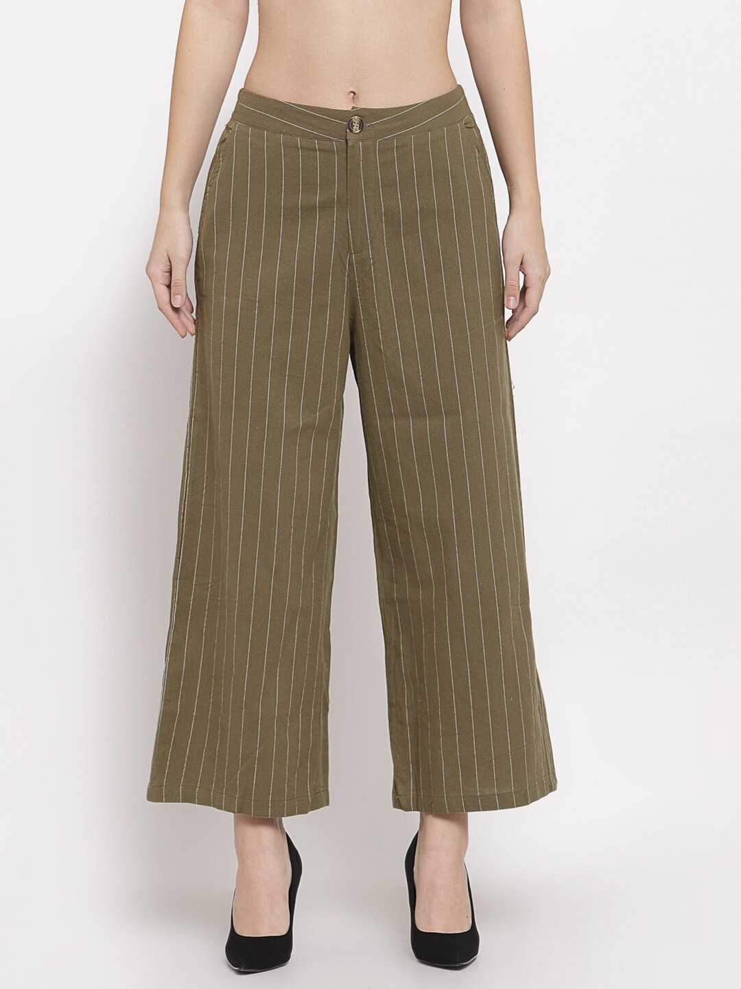 

Mafadeny Women Green Striped Flared Palazzos