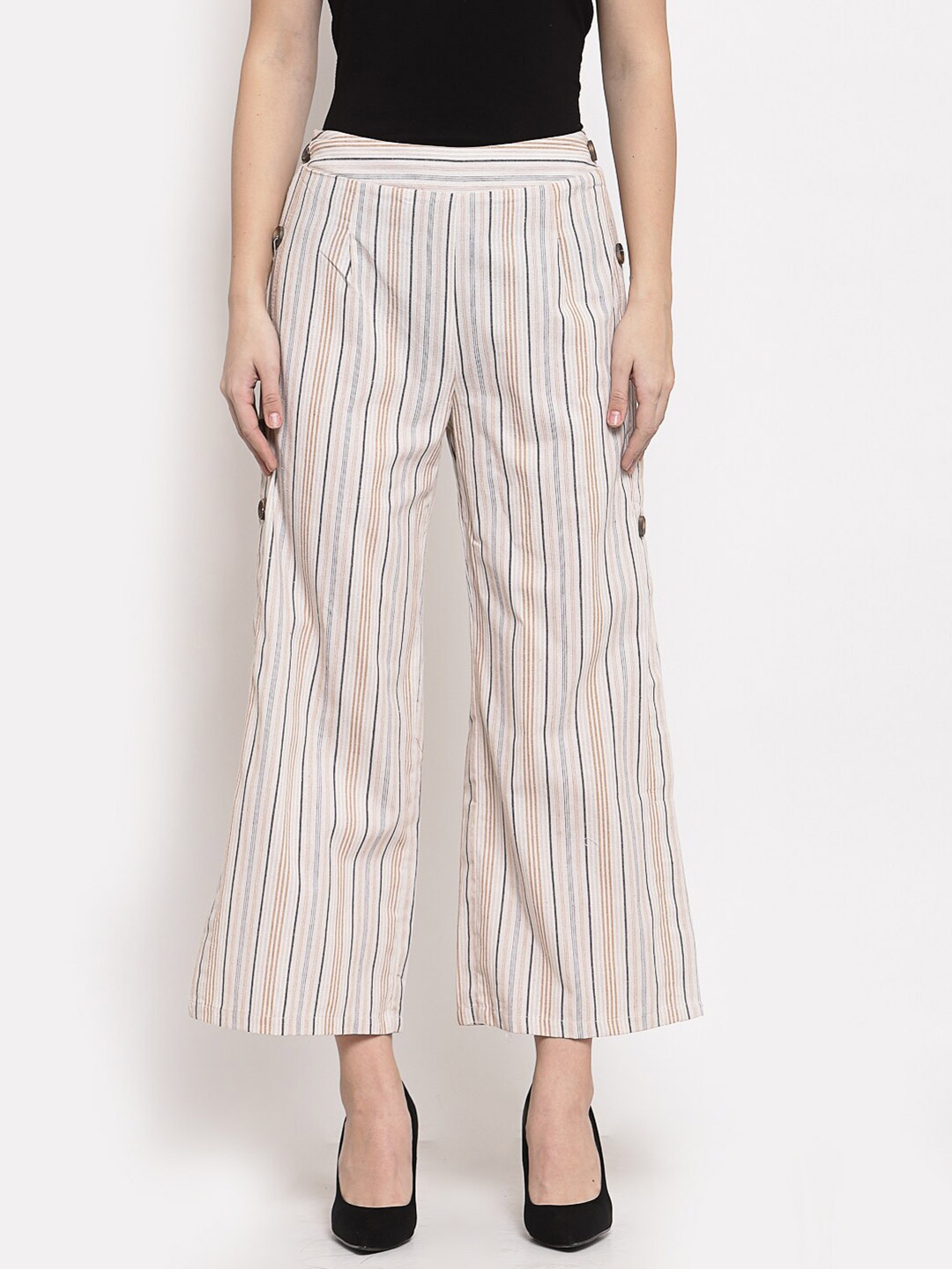 

Mafadeny Women Beige & Black Striped Knitted Cotton Palazzos