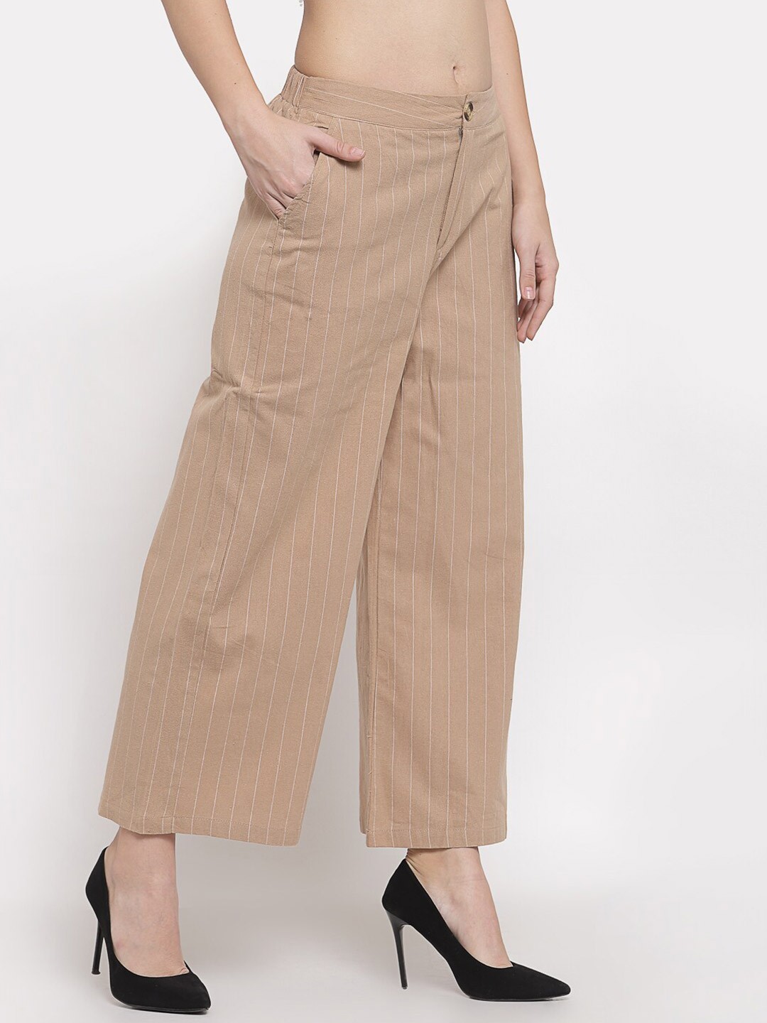

Mafadeny Women Khaki & White Striped Knitted Palazzos