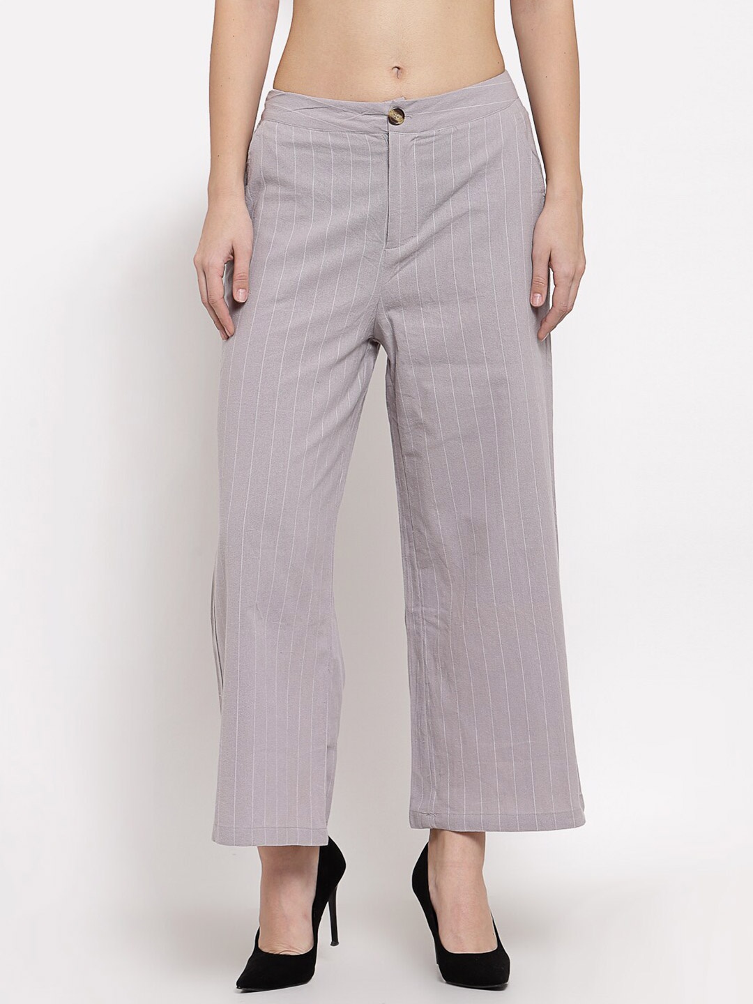 

Mafadeny Women Grey & White Striped Palazzos