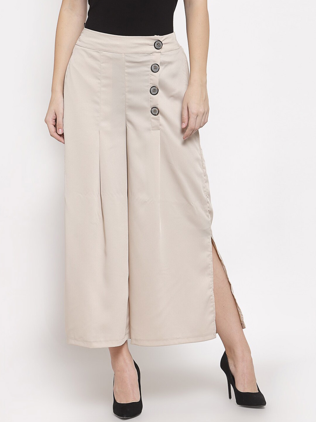 

Mafadeny Women Beige Flared Knitted Palazzos