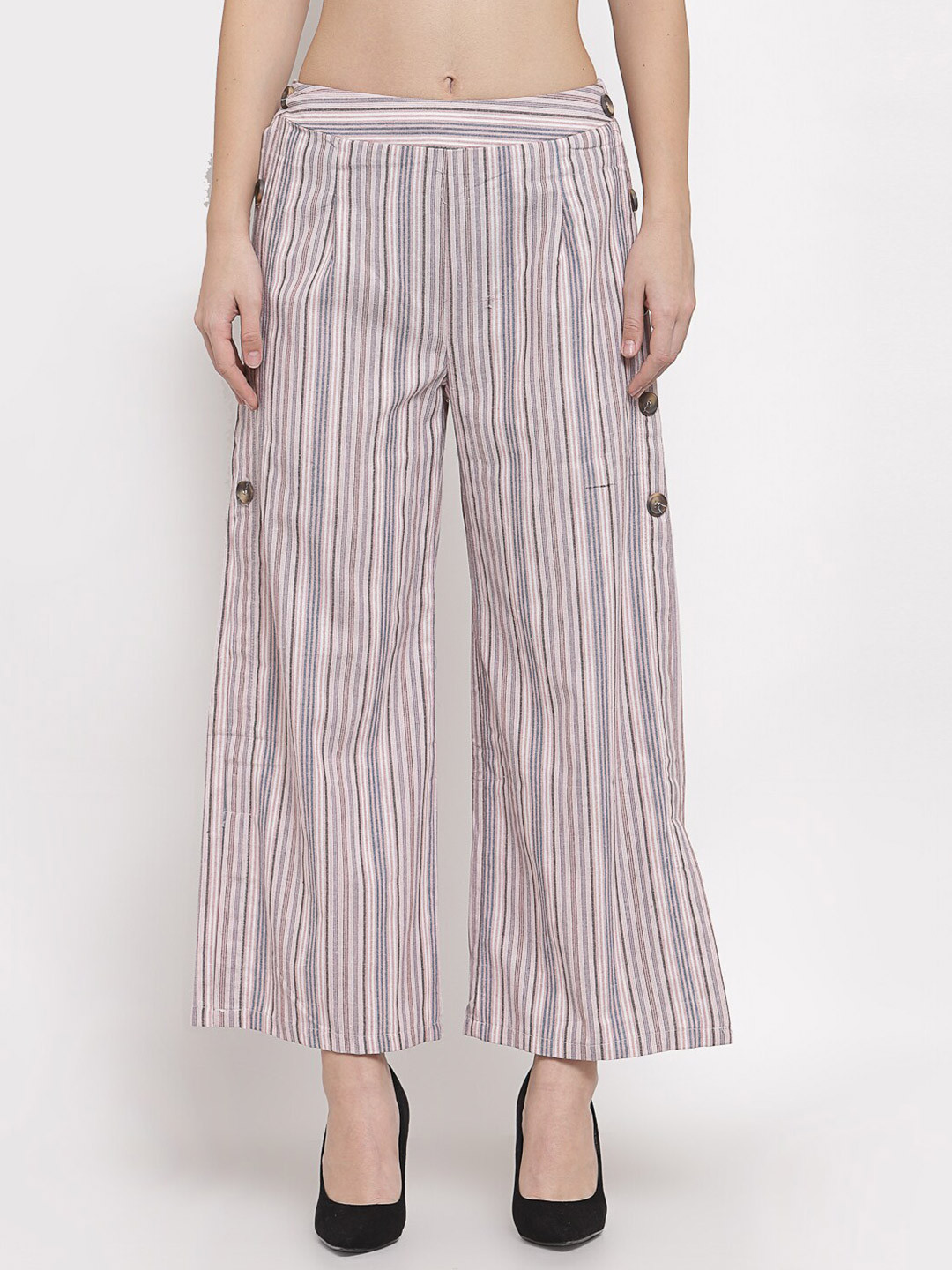 

Mafadeny Women Pink & Black Striped Knitted Palazzos