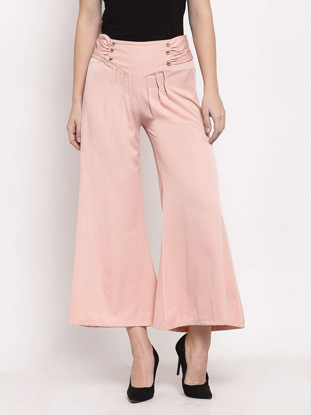 

Mafadeny Women Peach-Coloured Flared Knitted Palazzos