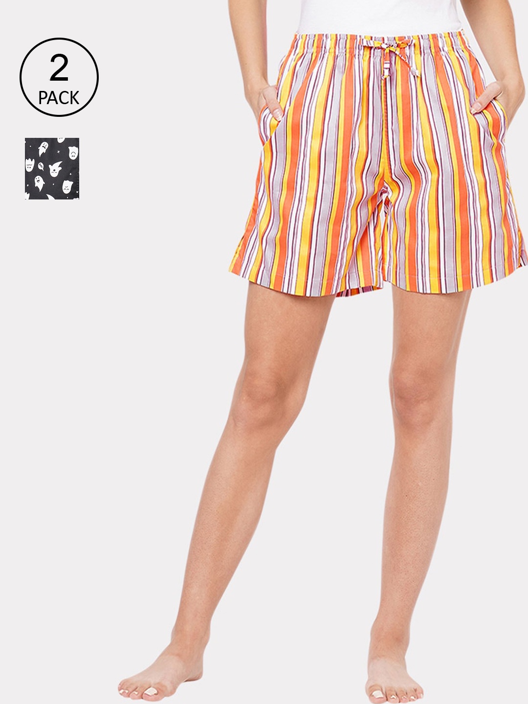 

CASA DE NEE NEE Women Pack Of 2 Printed Cotton Lounge Shorts, Black