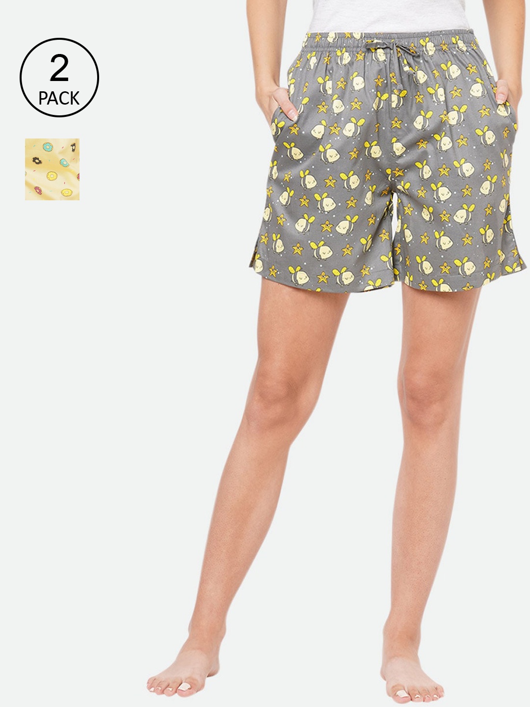 

CASA DE NEE NEE Women Grey & Yellow Pack of 2 Printed Lounge Shorts