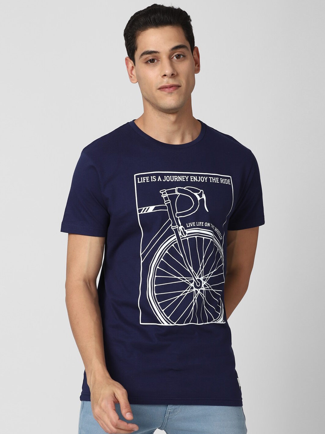 

Peter England Casuals Men Navy Blue Printed Slim Fit Pure Cotton T-shirt
