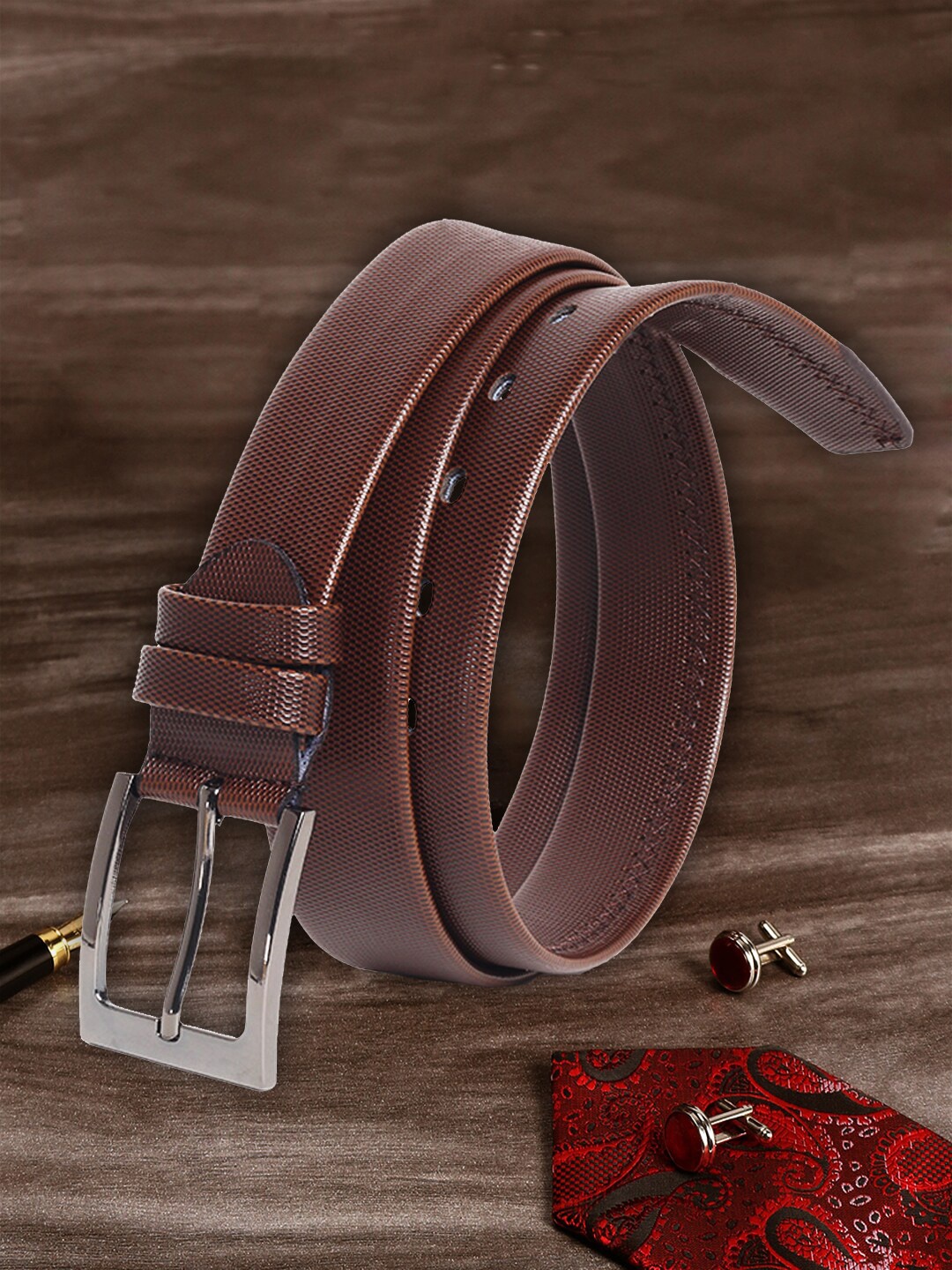 

MUTAQINOTI Men Brown Textured PU Formal Belt