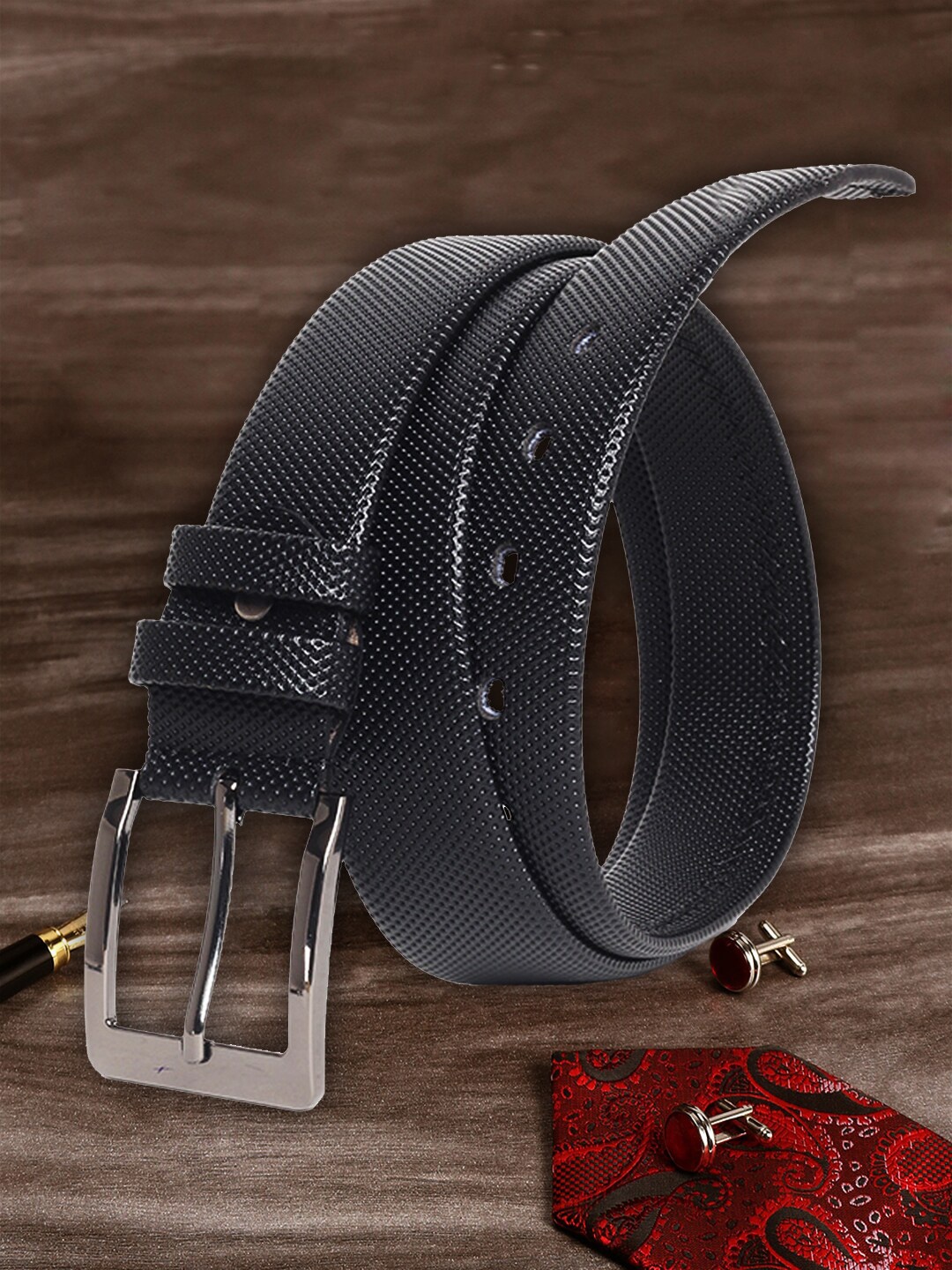 

MUTAQINOTI Men Black Textured PU Formal Belt