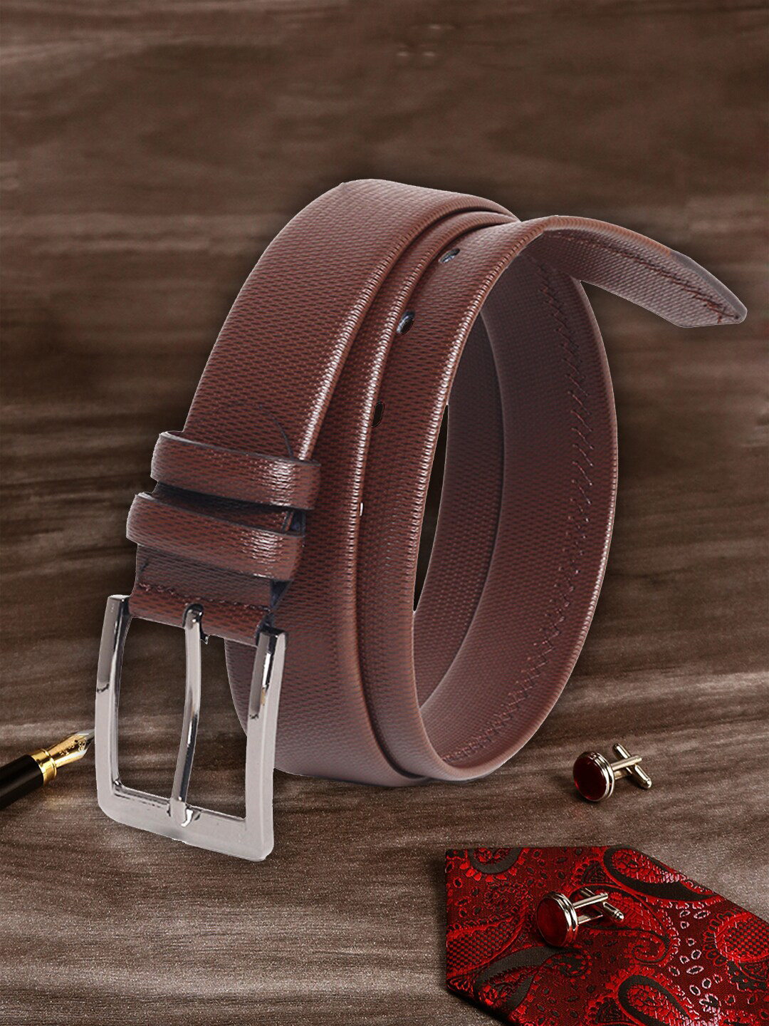 

MUTAQINOTI Men Brown Textured PU Formal Belt