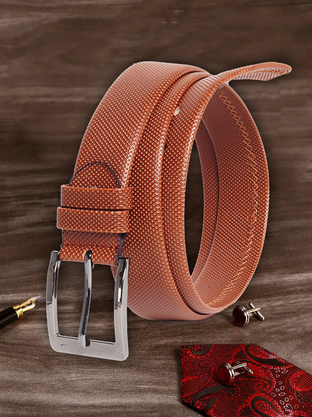 

MUTAQINOTI Men Tan Textured PU Formal Belt