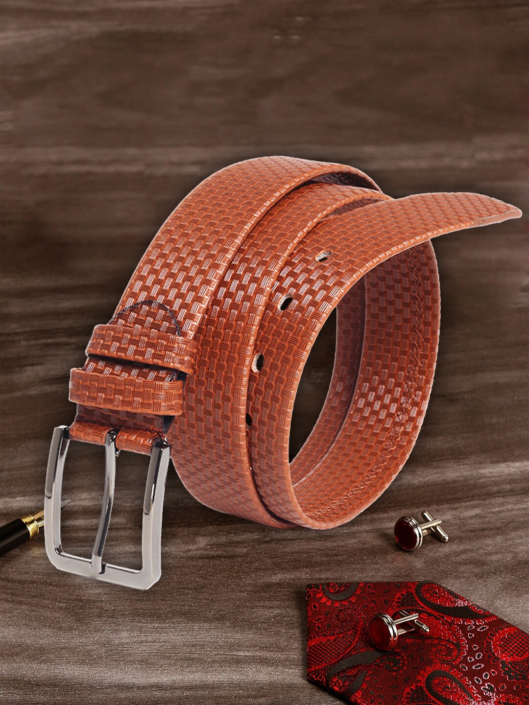 

MUTAQINOTI Men Tan Textured PU Formal Belt