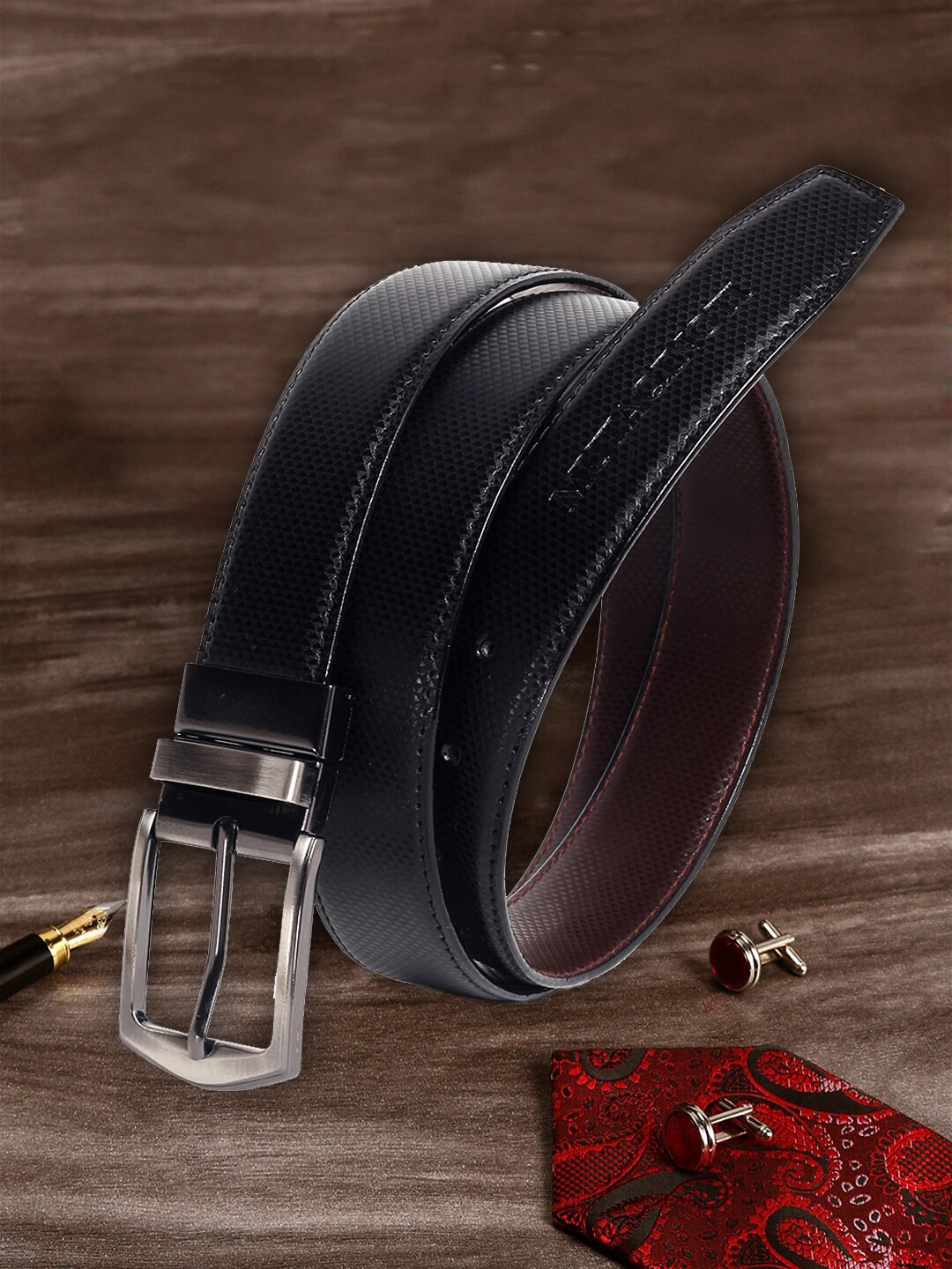 

MUTAQINOTI Men Black Textured PU Formal Belt