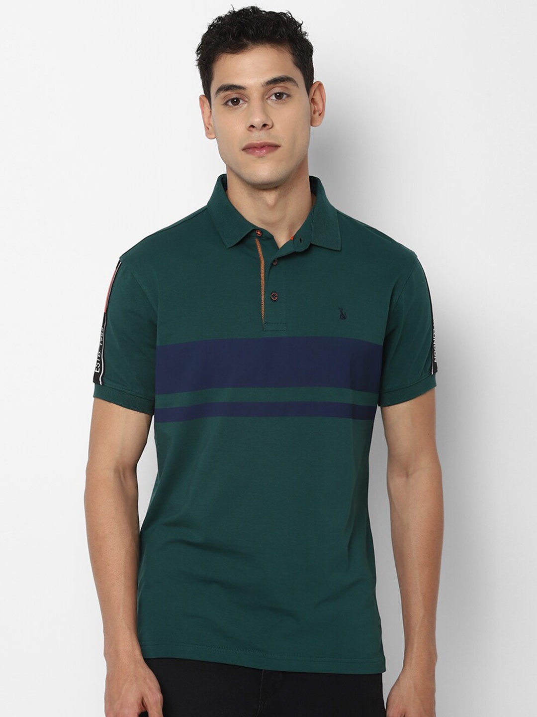 

SIMON CARTER LONDON Men Green & Navy Blue Striped Polo Collar Slim Fit T-shirt