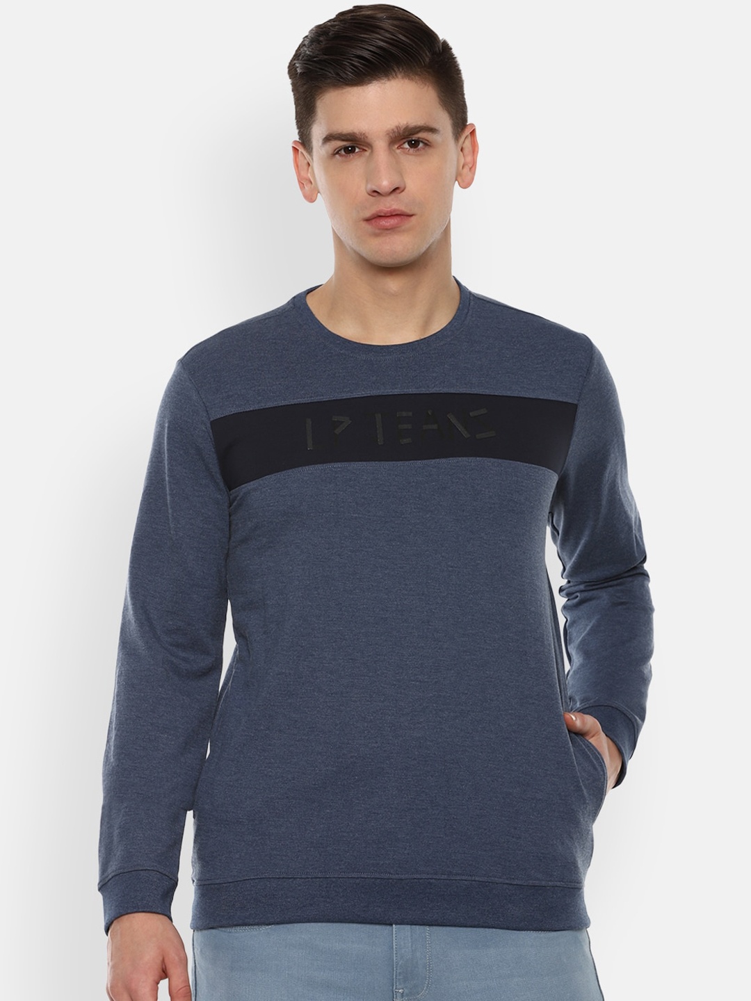 

Louis Philippe Jeans Men Navy Blue Colourblocked Round Neck Sweatshirt