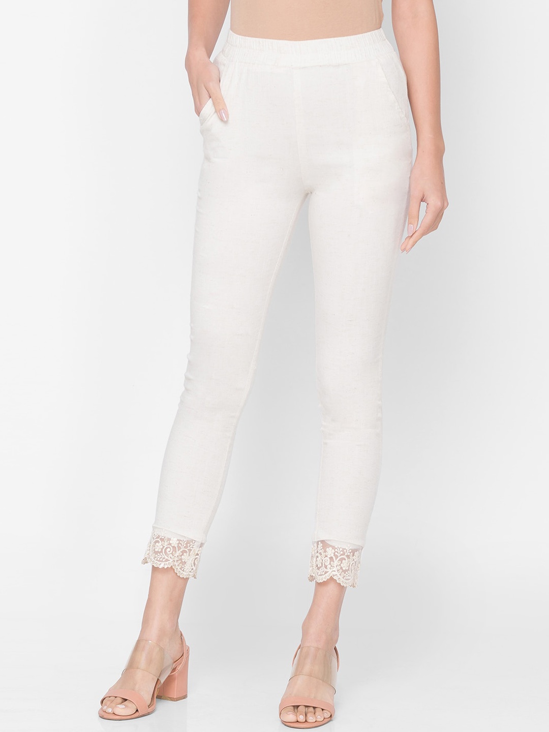

ZOLA Women Cream-Coloured Ethnic Pure Cotton Cigarette Trousers