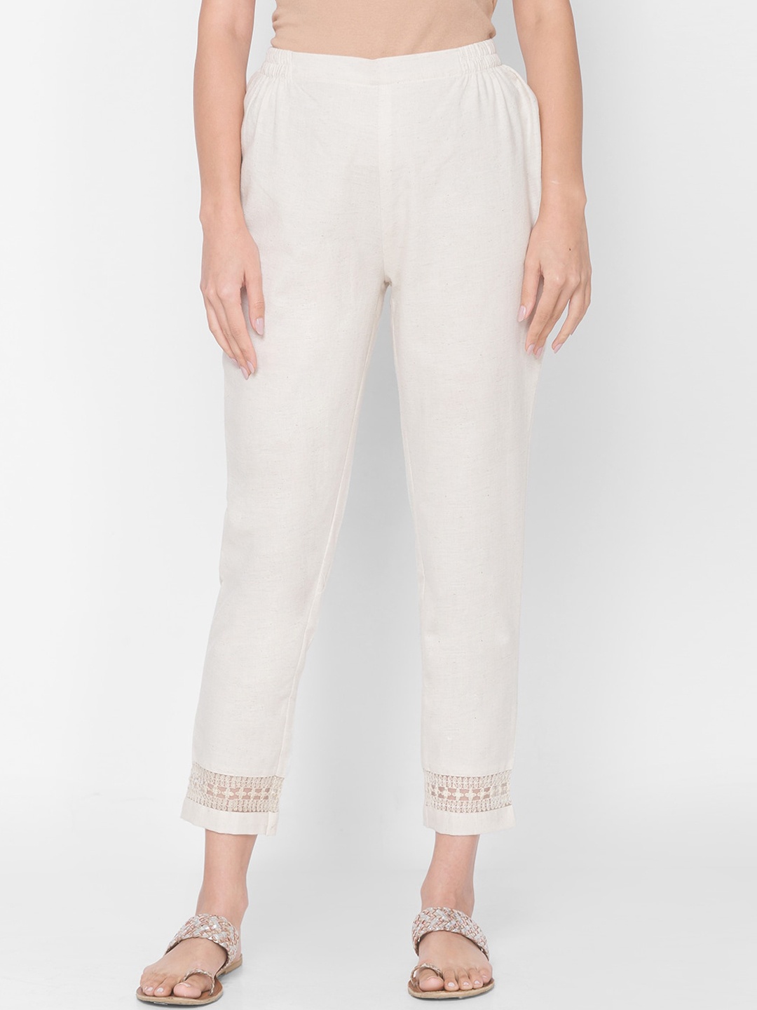 

ZOLA Women Cream-Coloured Ethnic Cigerette Trousers