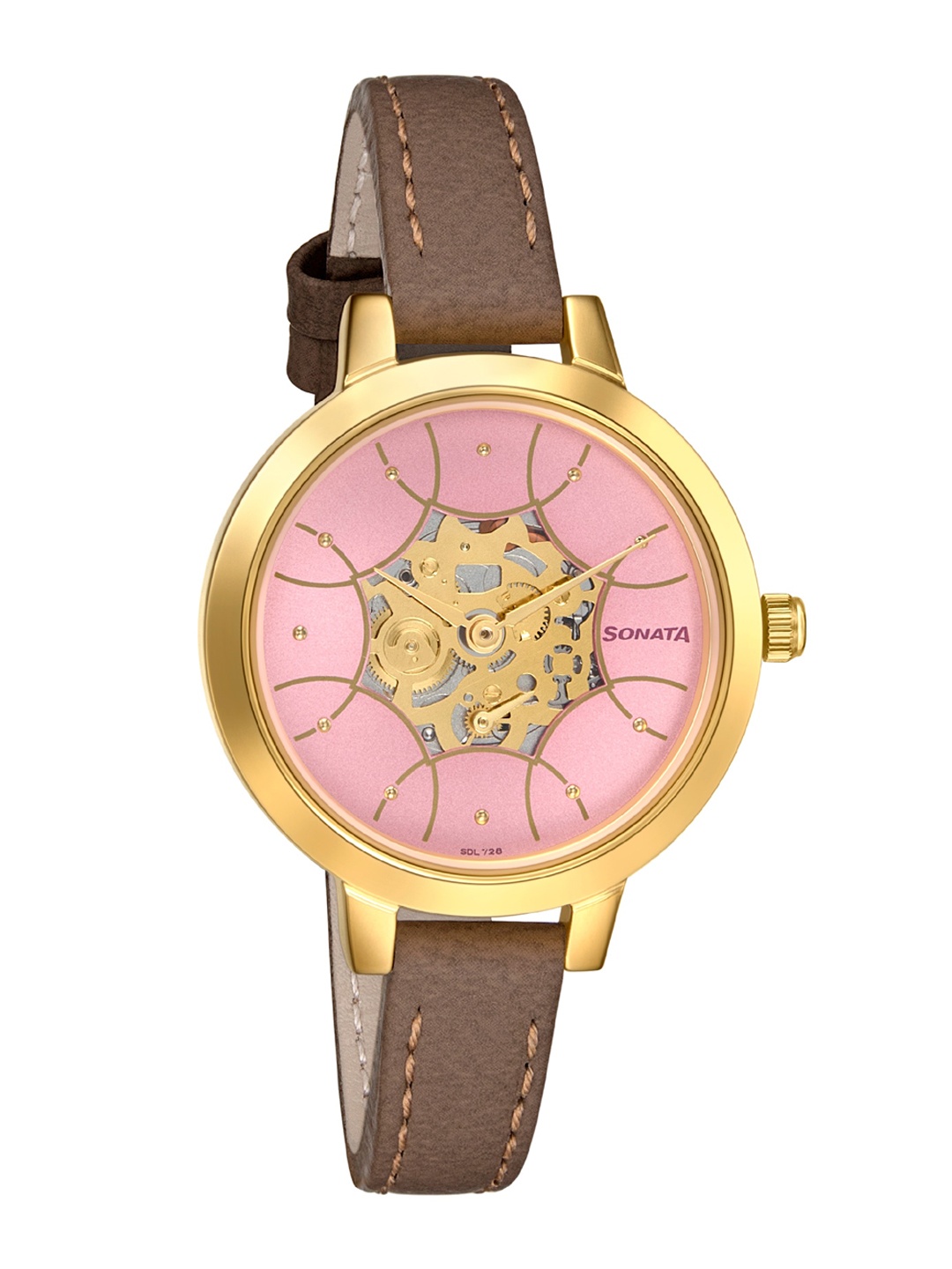 

Sonata Women Pink Brass Printed Dial & Brown Leather Straps Analogue Watch 8141YL02
