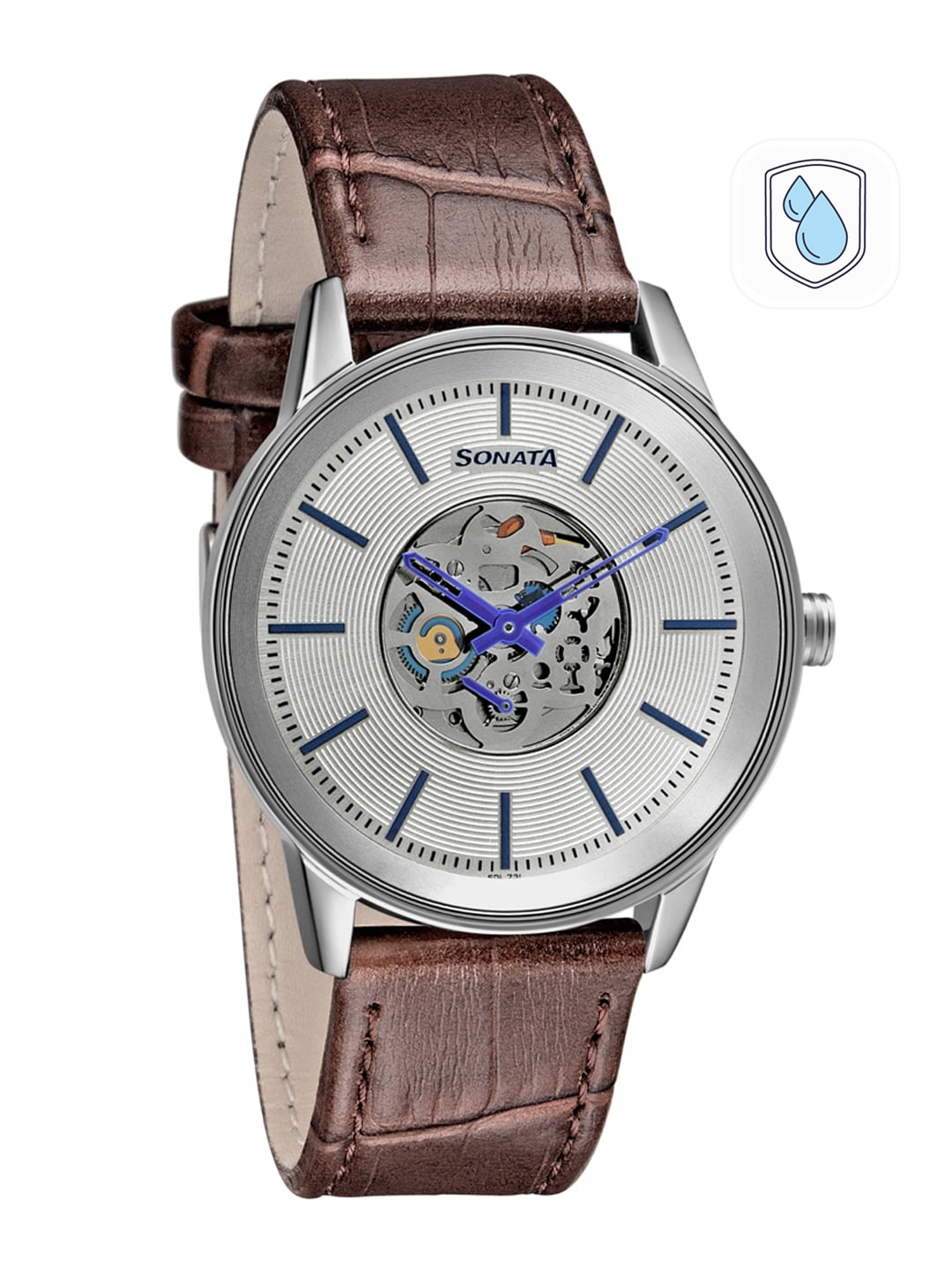 

Sonata Men Silver-Toned Brass Skeleton Dial & Brown Leather Straps Analogue Watch 7133SL01, White