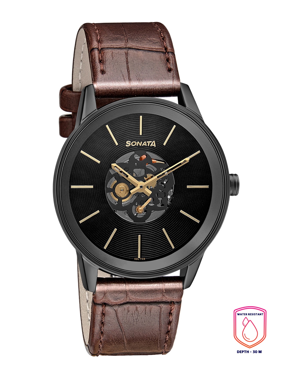 

Sonata Men Black Brass Skeleton Dial & Brown Leather Strap Analogue Watch 7133NL02