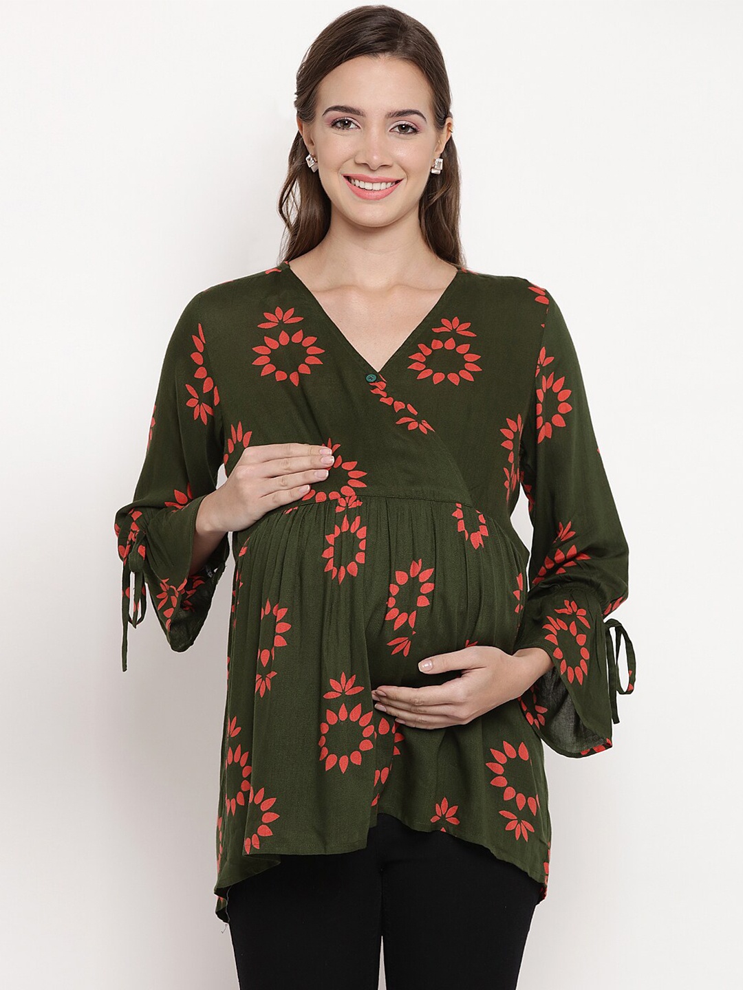 

Mine4Nine Olive Green Floral Wrap Maternity Longline Top
