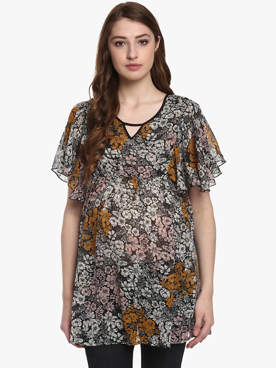 

Mine4Nine Black & Yellow Floral Keyhole Neck Crepe Maternity A-Line Top