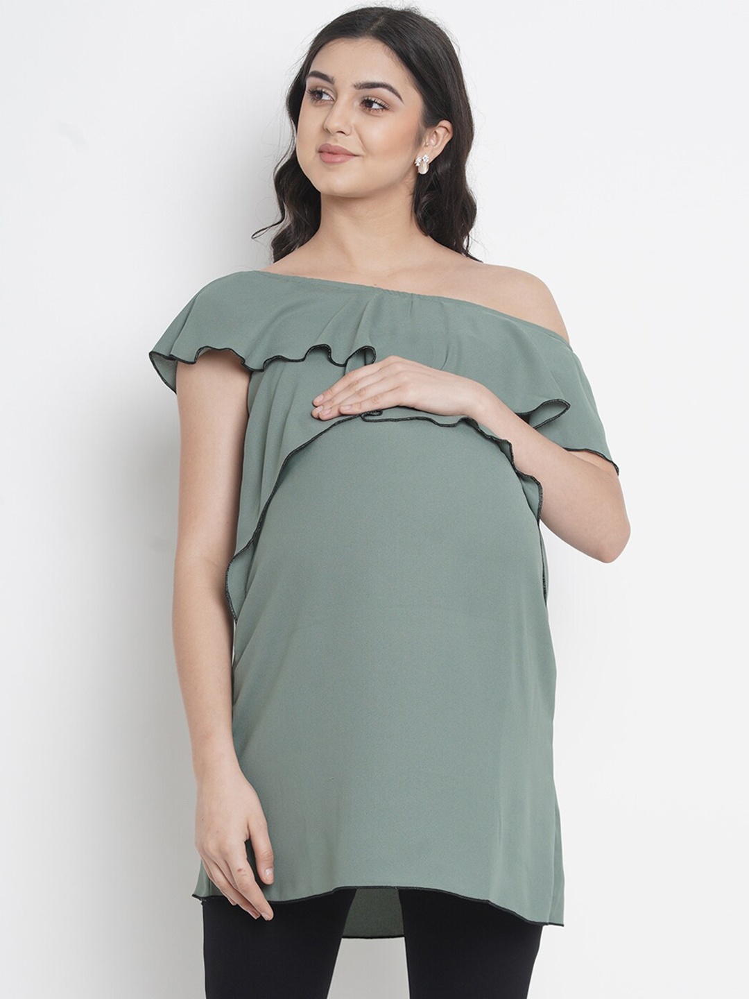 

Mine4Nine Green Off-Shoulder Ruffles Regular Maternity Longline Top