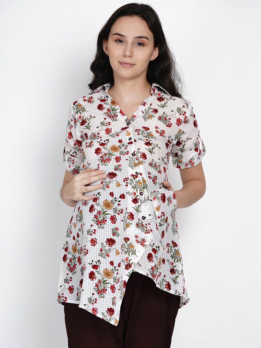 

Mine4Nine White Floral Roll-Up Sleeves Crepe Shirt Style Maternity Longline Top