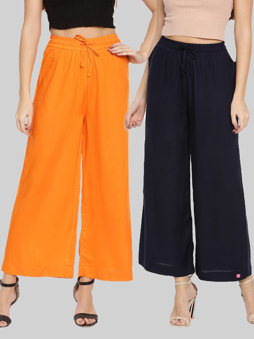

TWIN BIRDS Women Pack Of 2 Orange & Navy Blue Palazzos