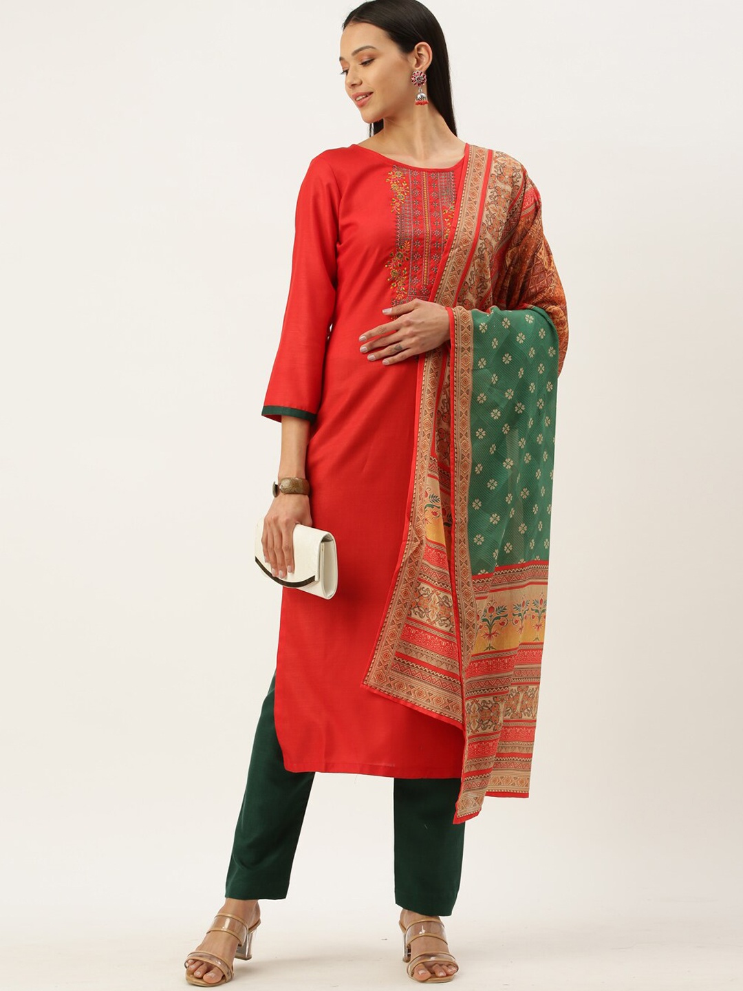 

SheWill Women Red & Green Embroidered Straight Kurta with Trousers & Dupatta