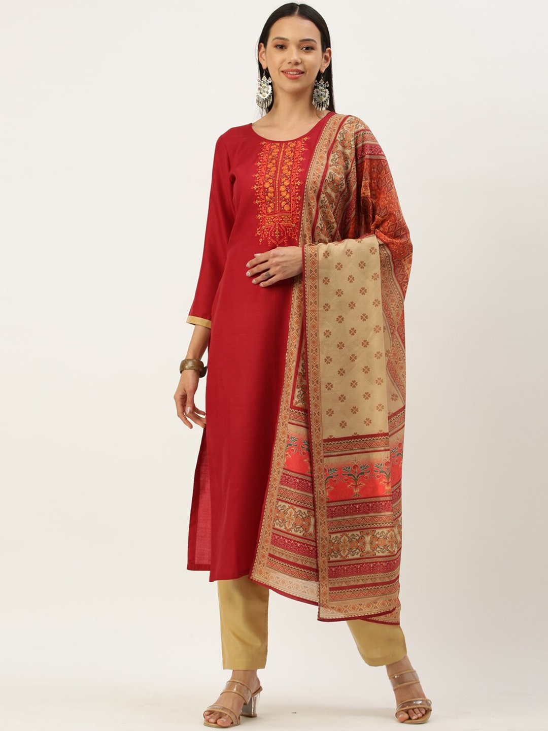 

SheWill Women Maroon & Beige Embroidered Straight Kurta with Trousers & Dupatta