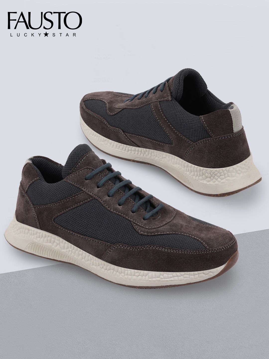 

FAUSTO Men Brown & Grey Suede Leather Perforated Mesh Sneakers