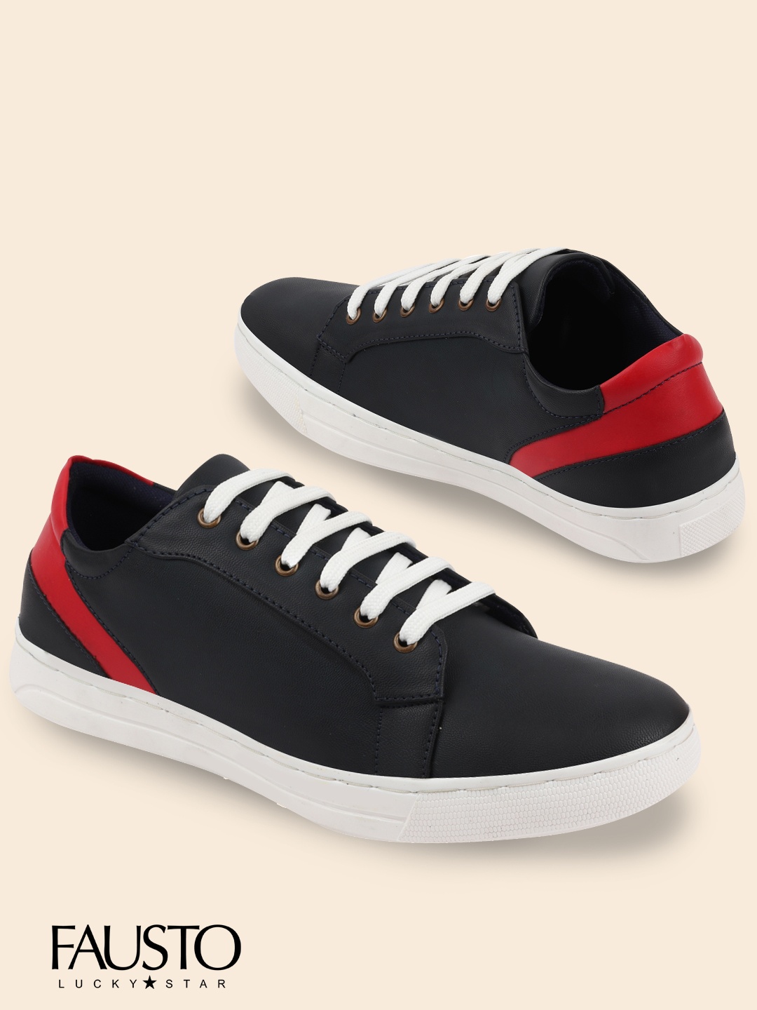

FAUSTO Men Navy Blue & Red Colourblocked PU Sneakers
