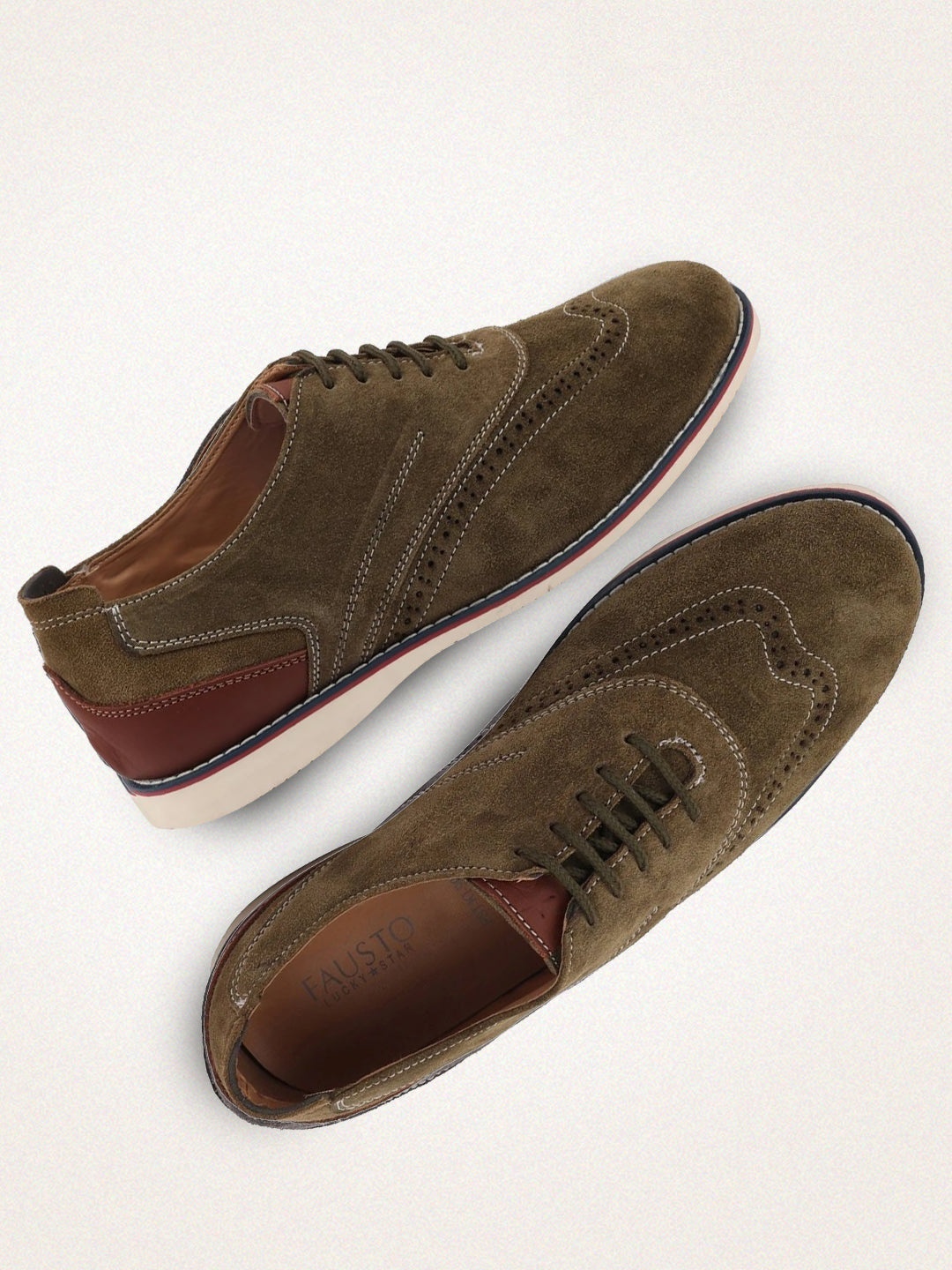 

FAUSTO Men Olive Green Perforations Suede Brogues