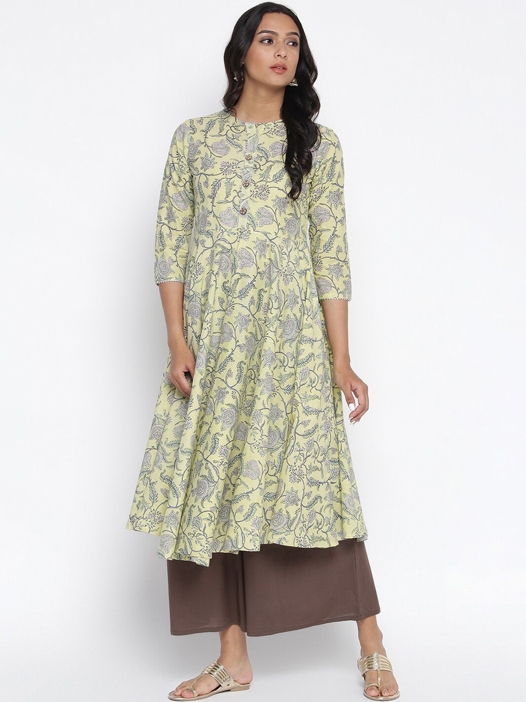 

Wodreams Women Yellow Floral Printed Block Print Anarkali Kurta