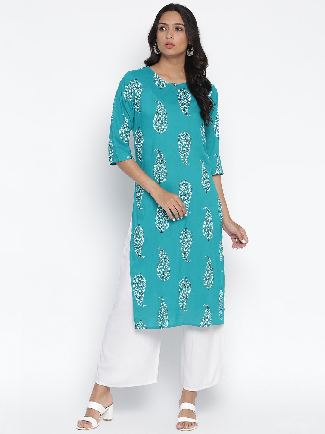 

Wodreams Women Turquoise Blue Ethnic Motifs Printed Keyhole Neck Block Print Kurta
