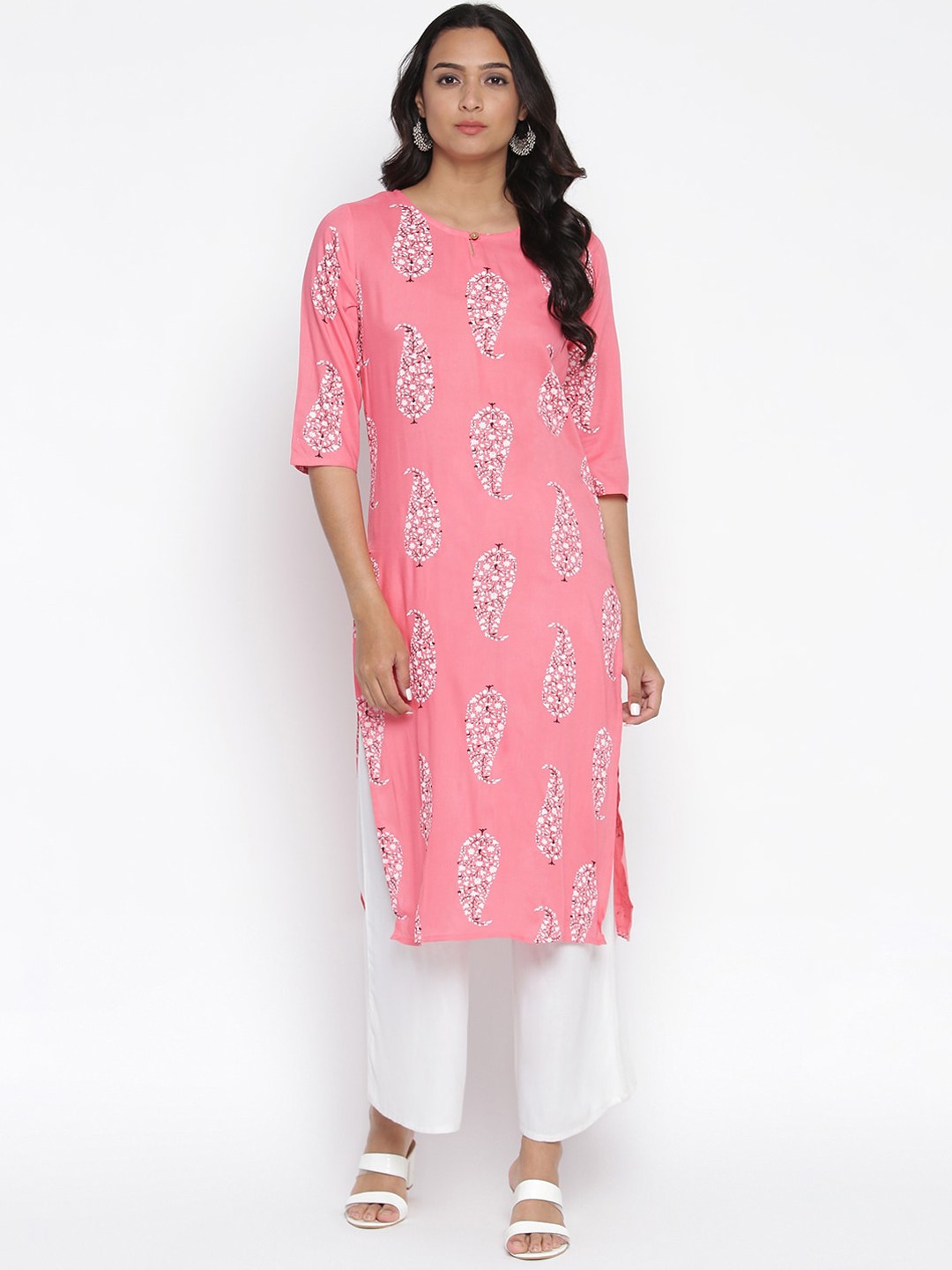 

Wodreams Women Pink Ethnic Motifs Printed Keyhole Neck Block Print Kurta