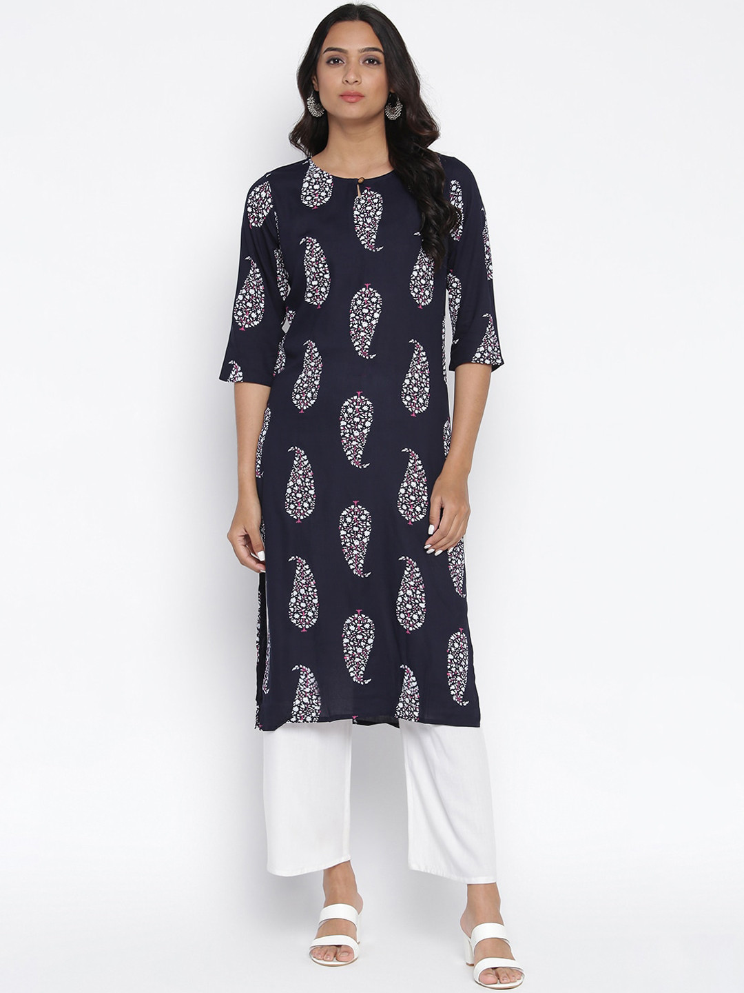 

Wodreams Women Blue Ethnic Motifs Printed Keyhole Neck Block Print Kurta