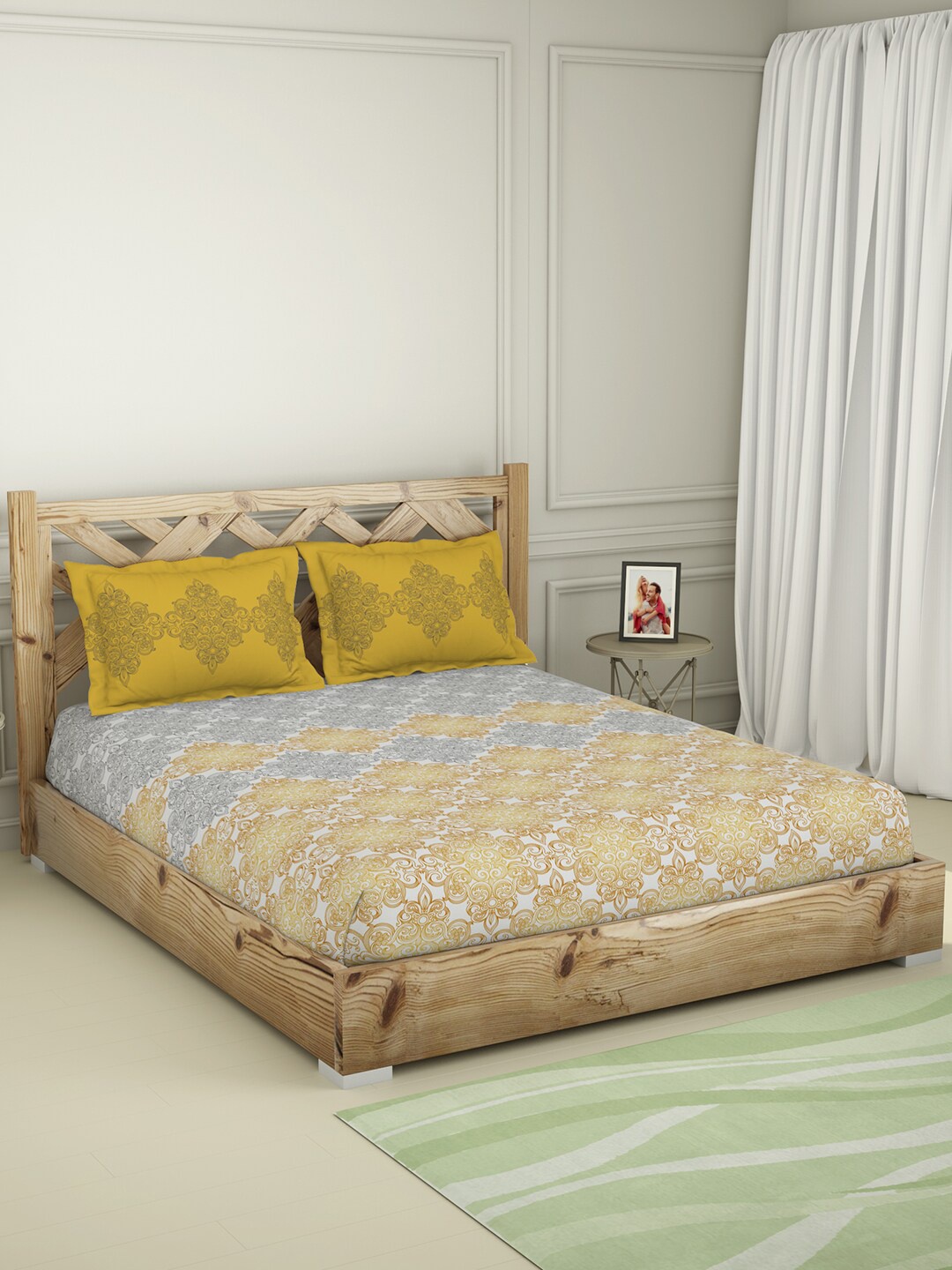 

SPACES Gold-Toned & Blue Ethnic Motifs 210 TC Pure Cotton Queen Bedsheet & 2 Pillow Covers
