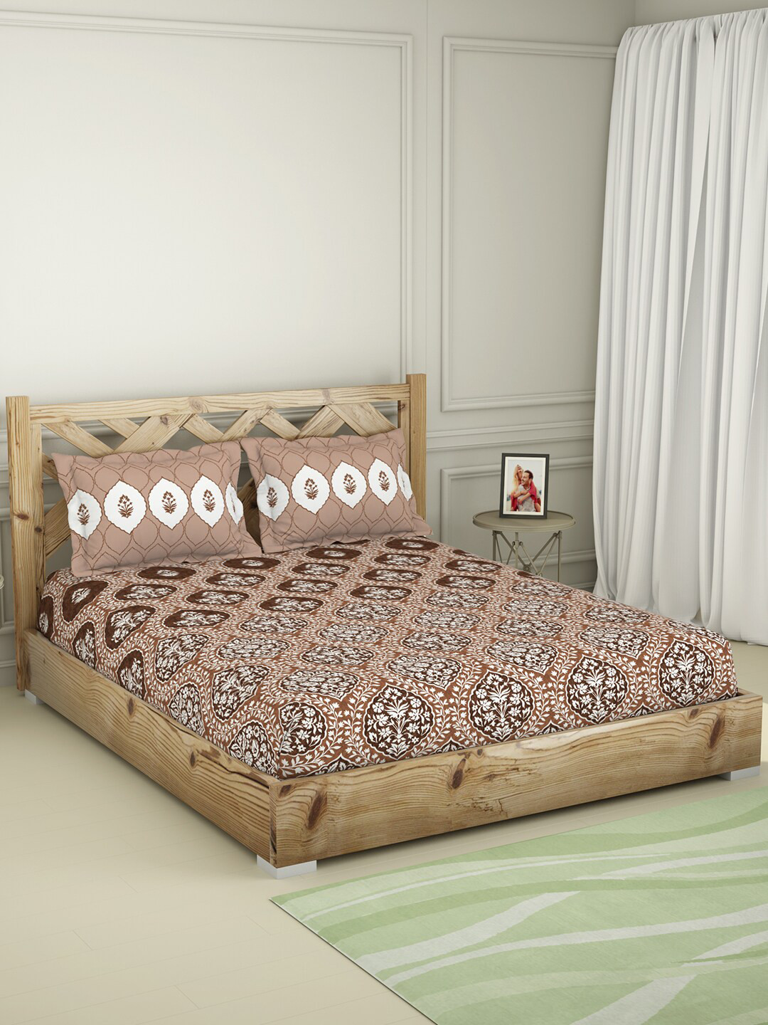 

SPACES Brown & White Ethnic Motifs 144 TC Pure Cotton Queen Bedsheet with 2 Pillow Covers