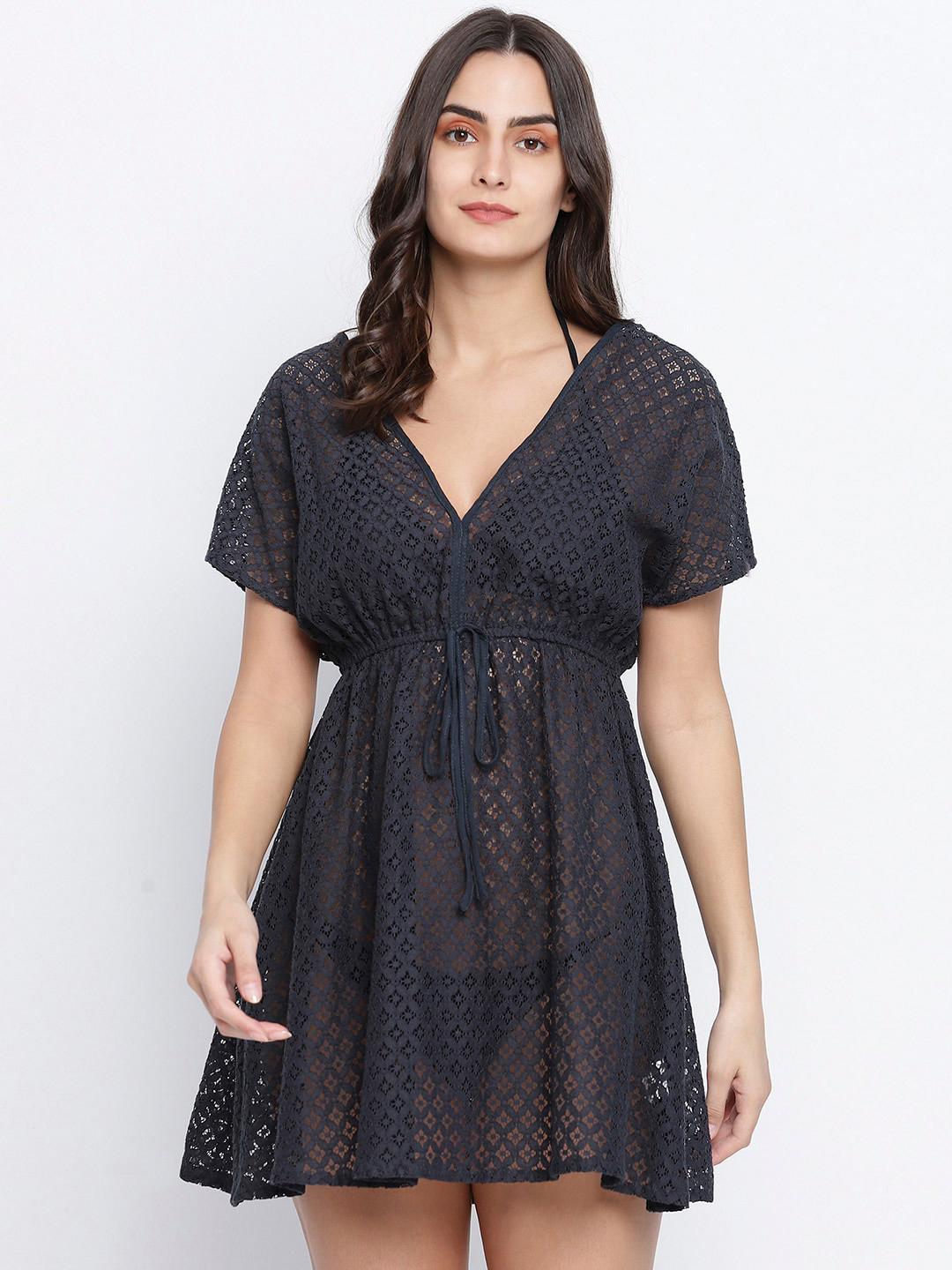 

Oxolloxo Women Black Solid Cotton Mesh Swim Dress With Tie -Ups