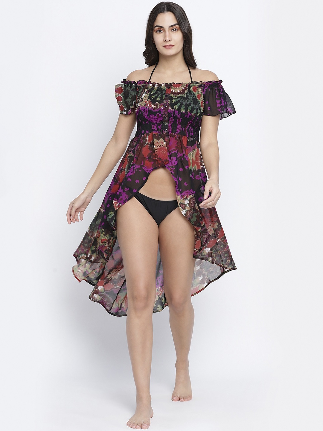 

Oxolloxo Women Black & Red Floral Printed Swimming Beach Dress