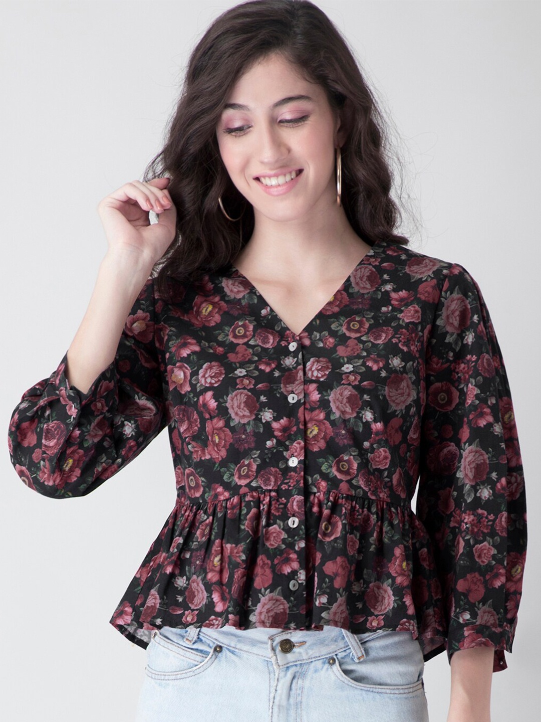 

FabAlley Black Floral Cotton Peplum Crop Top