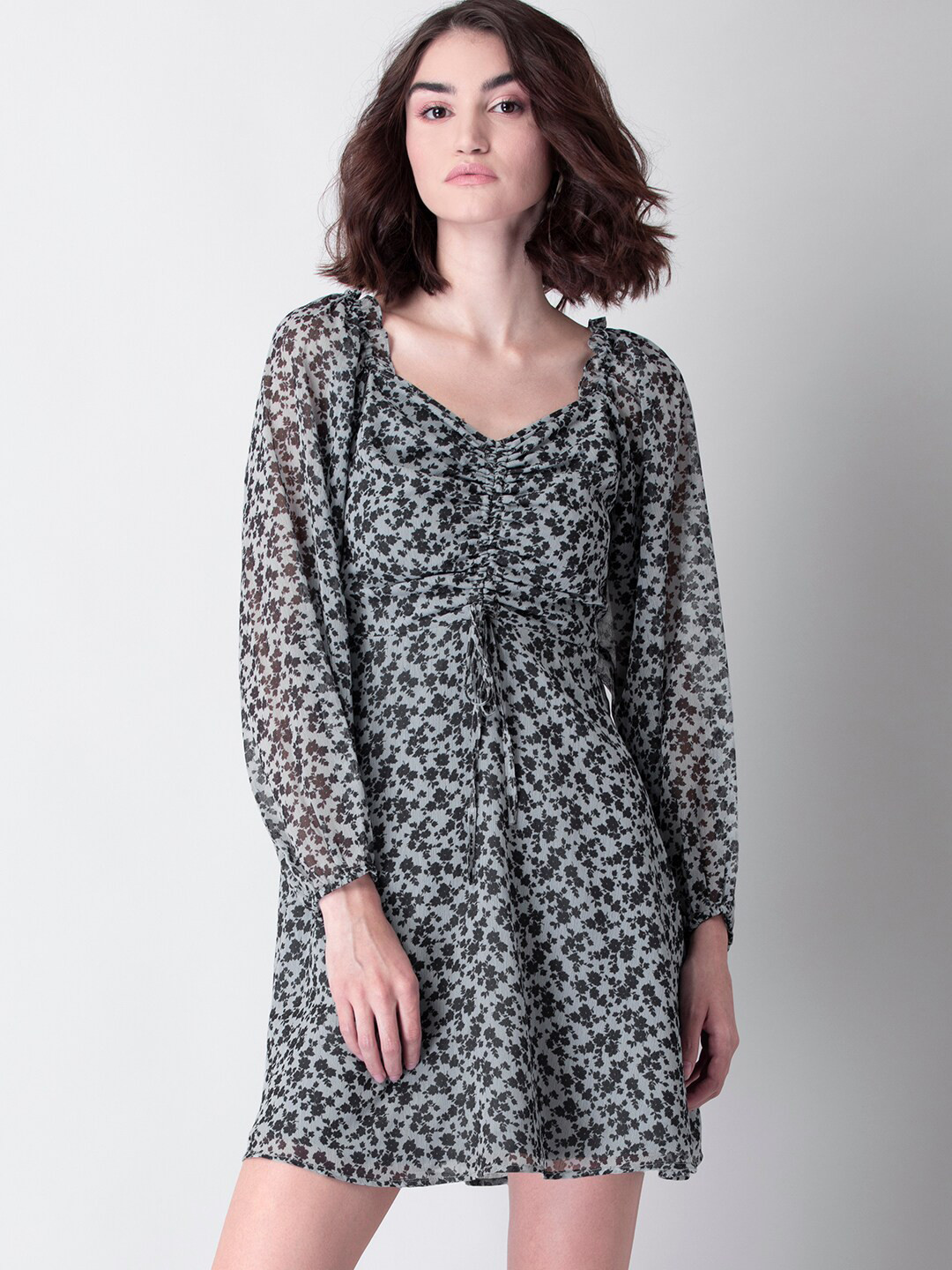 

FabAlley Off White & Black Floral Georgette A-Line Dress