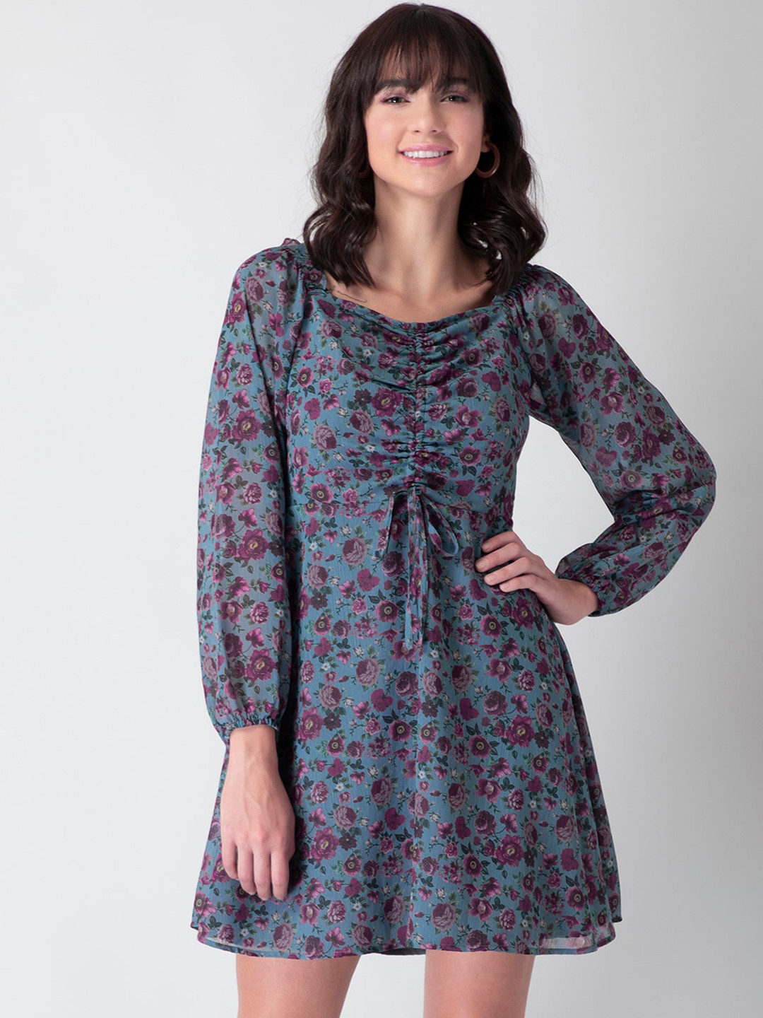 

FabAlley Blue & Pink Floral Georgette Dress