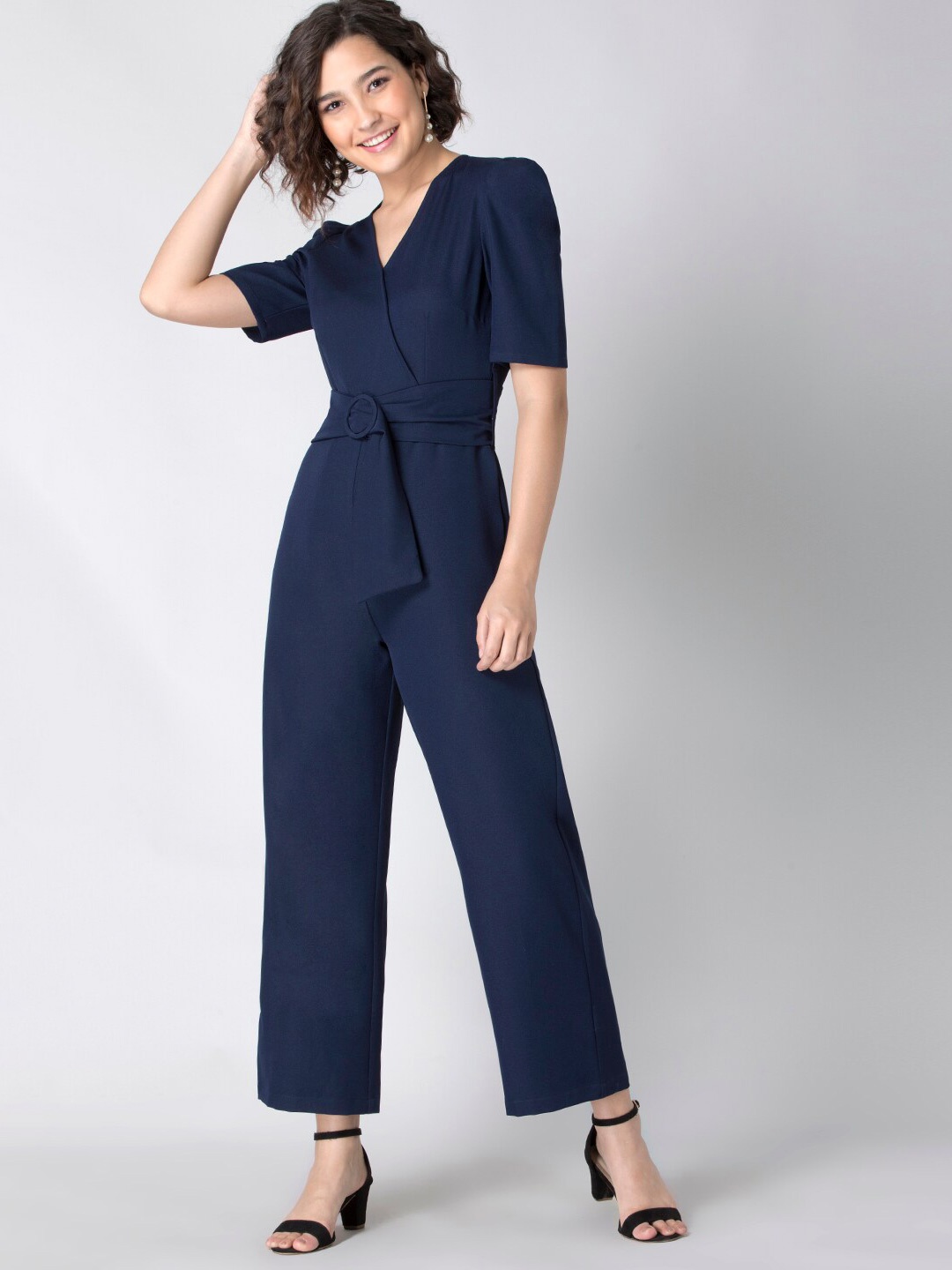

FabAlley Navy Blue Belted Puff Sleeves Basic Jumpsuit