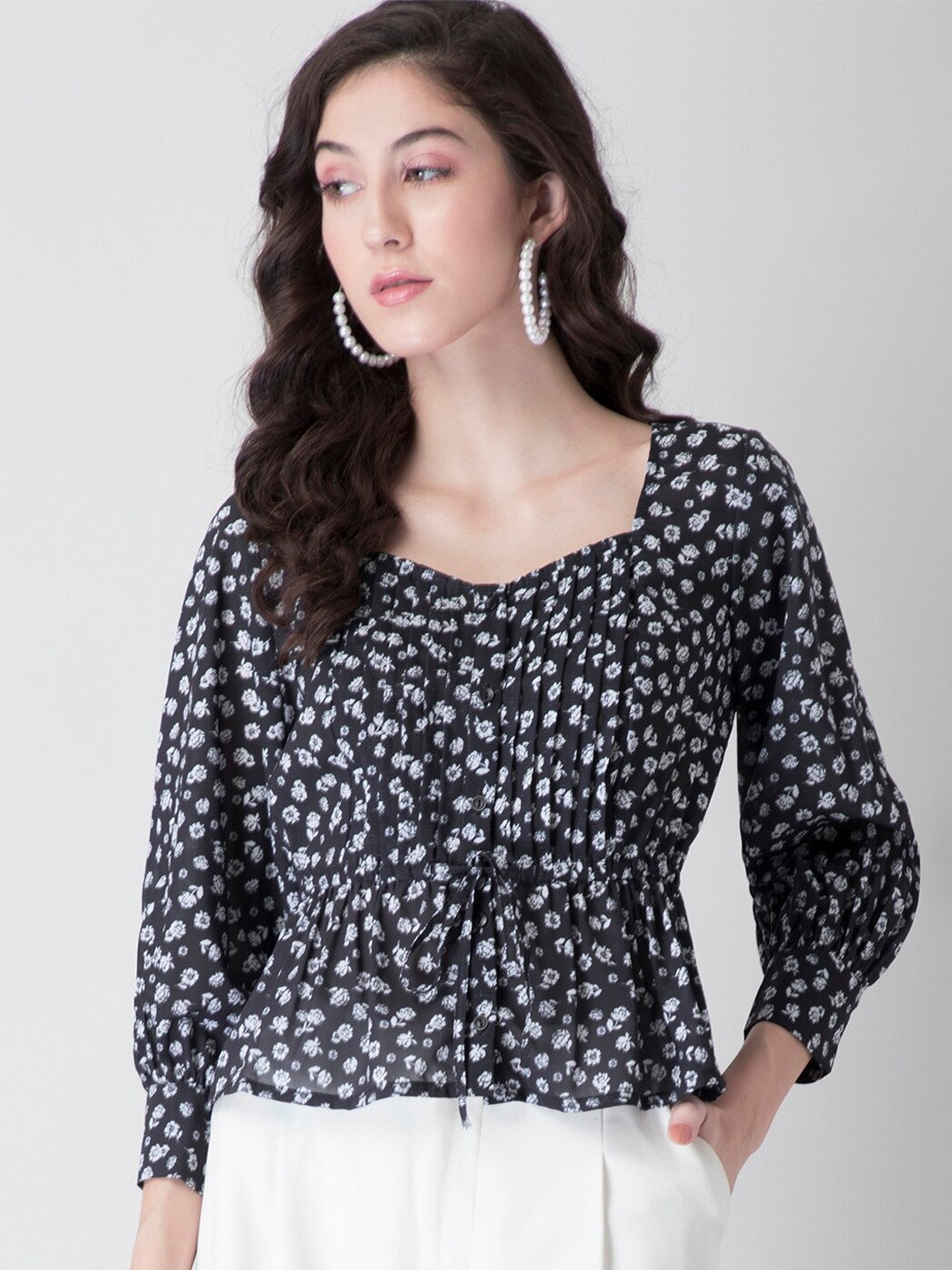 

FabAlley Black Floral Sweetheart Neck Georgette Peplum Top