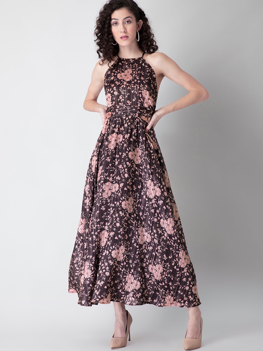 

FabAlley Maroon Floral Halter Neck Georgette Maxi Dress